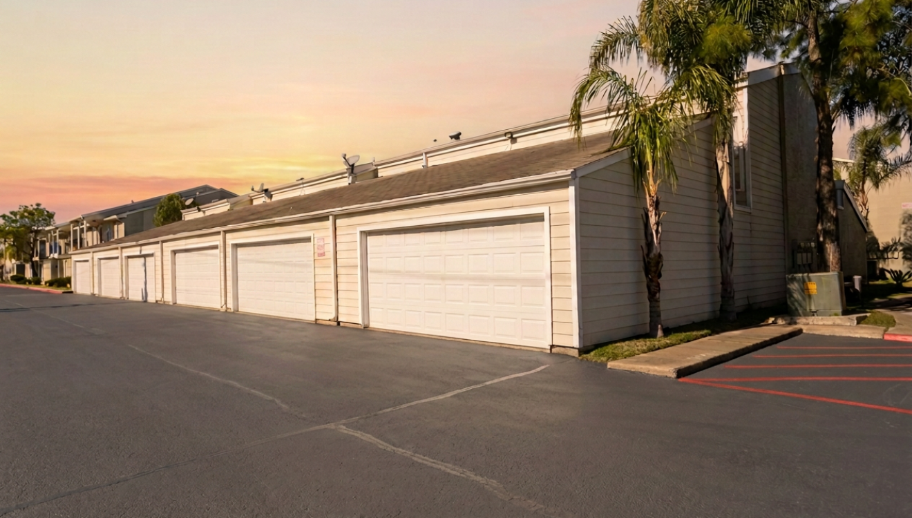 Community street view with private garages at Falls of Kirkwood Houston apartments