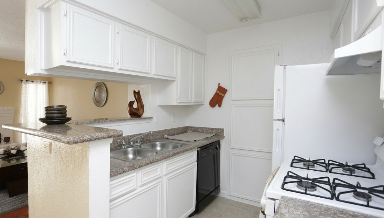 Kitchen with granite countertops at Falls of Kirkwood apartments in Houston, TX