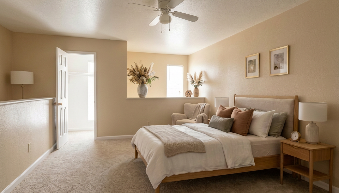 Bedroom with walk-in closet at Falls of Kirkwood Houston apartments