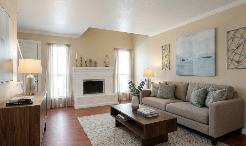 Living room with fireplace at Falls of Kirkwood apartments near Sam Houston Tollway