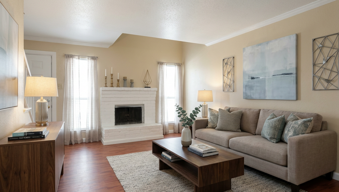 Living room with fireplace at Falls of Kirkwood apartments near Sam Houston Tollway