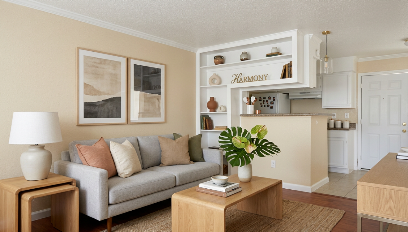 Living room with modern furniture at Falls of Kirkwood apartments in Houston